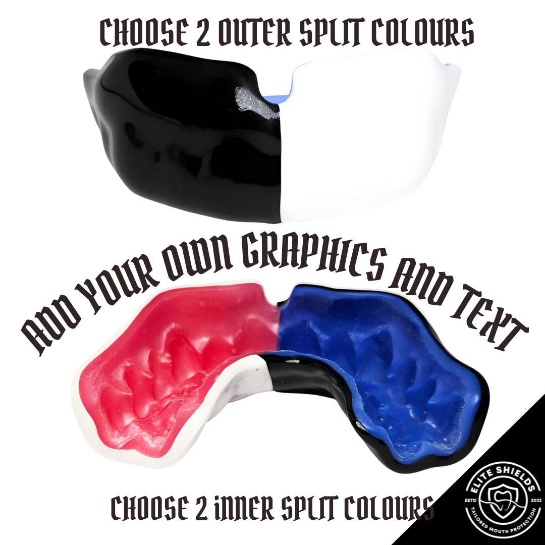 Custom Fit Gumshield (with design) | Choose outer split colour and inner split colour - text and images