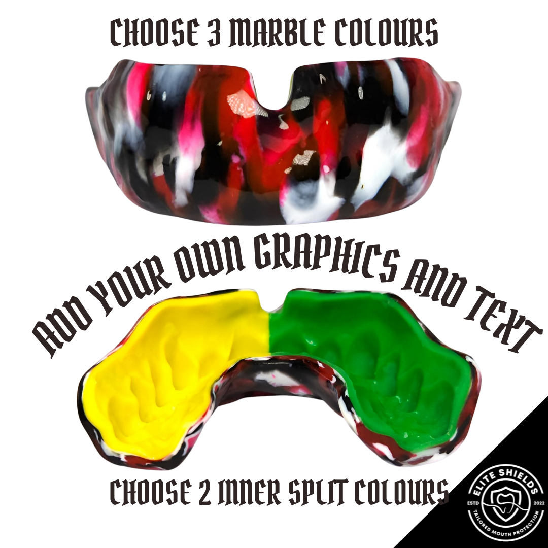 Custom Fit Gumshield (with design) | Choose marble colours (3) and split inner colours - text and images